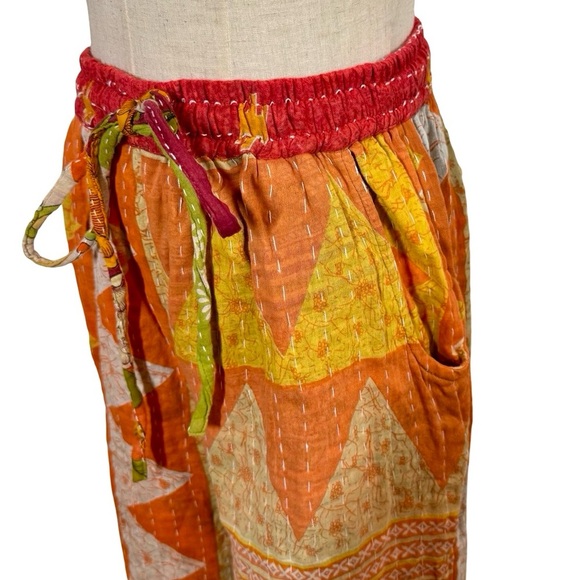 Kantha Wide Leg Drawstring Pull On Pants Handmade Boho Patchwork - Picture 4 of 6